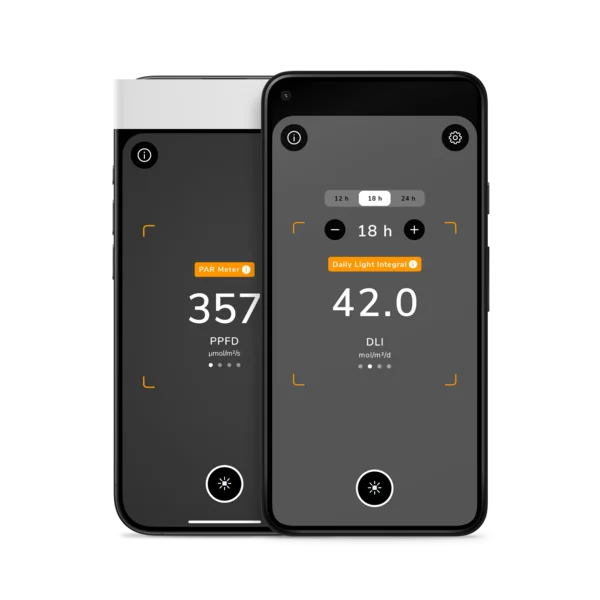 Photone app measuring PPFD and DLI on an iPhone and an Android phone
